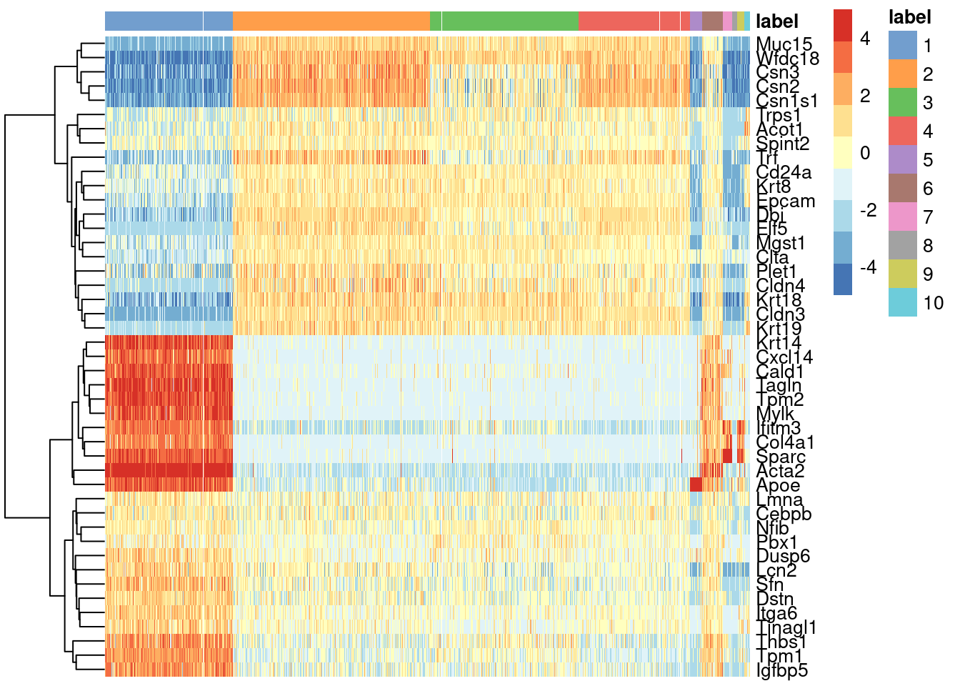 Heatmap of mean-centered and normalized log-expression values for the top set of markers for cluster 6 in the mammary gland dataset. Column colours represent the cluster to which each cell is assigned, as indicated by the legend.