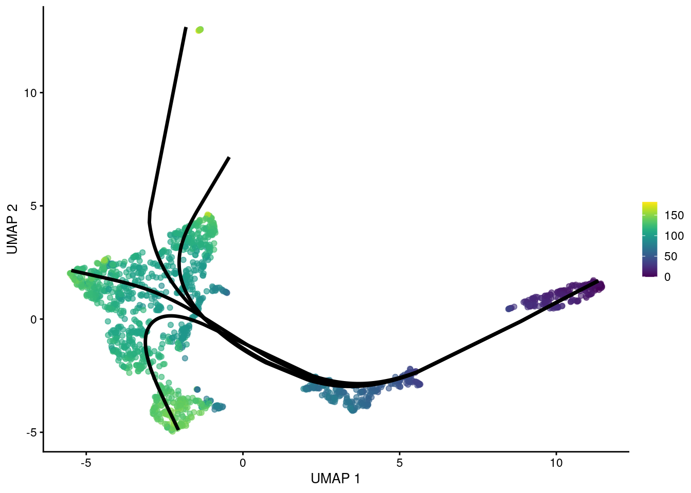 UMAP plot of the Nestorowa HSC dataset where each point is a cell and is colored by the average _slingshot_ pseudotime across paths. The principal curves fitted to each lineage are shown in black.